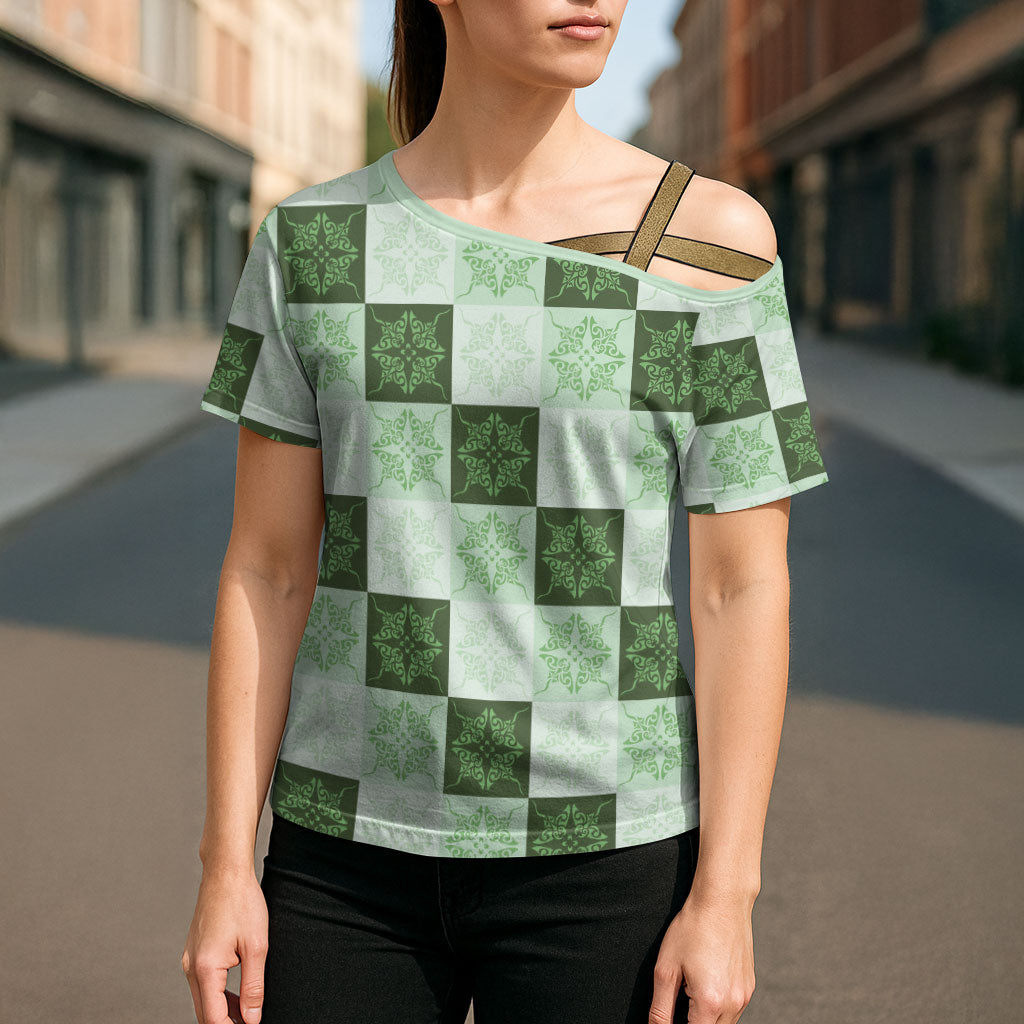 Sage Green Manta Ray Hawaiian Quilt Motif Cross Shoulder Shirt LT05 - Polynesian Pride