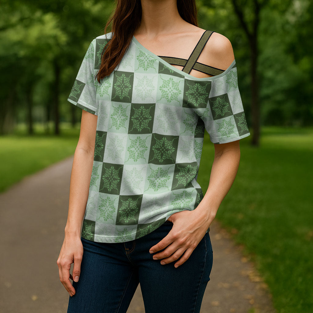 Sage Green Manta Ray Hawaiian Quilt Motif Cross Shoulder Shirt LT05 - Polynesian Pride