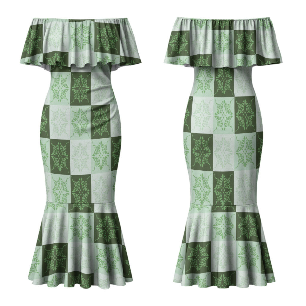 Sage Green Manta Ray Hawaiian Quilt Motif Family Matching Mermaid Dress and Hawaiian Shirt LT05 Mom's Dress Green - Polynesian Pride