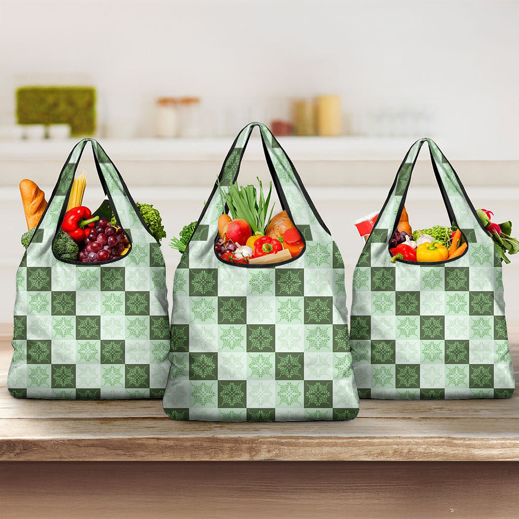 Sage Green Manta Ray Hawaiian Quilt Motif Grocery Bag LT05 3-pack One Size Green - Polynesian Pride