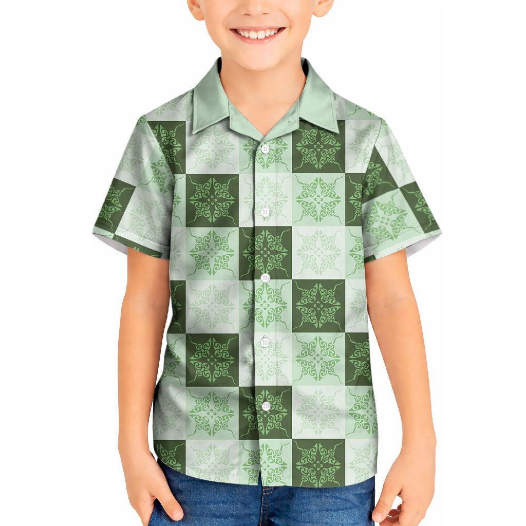 Sage Green Manta Ray Hawaiian Quilt Motif Kid Hawaiian Shirt LT05 Kid Green - Polynesian Pride