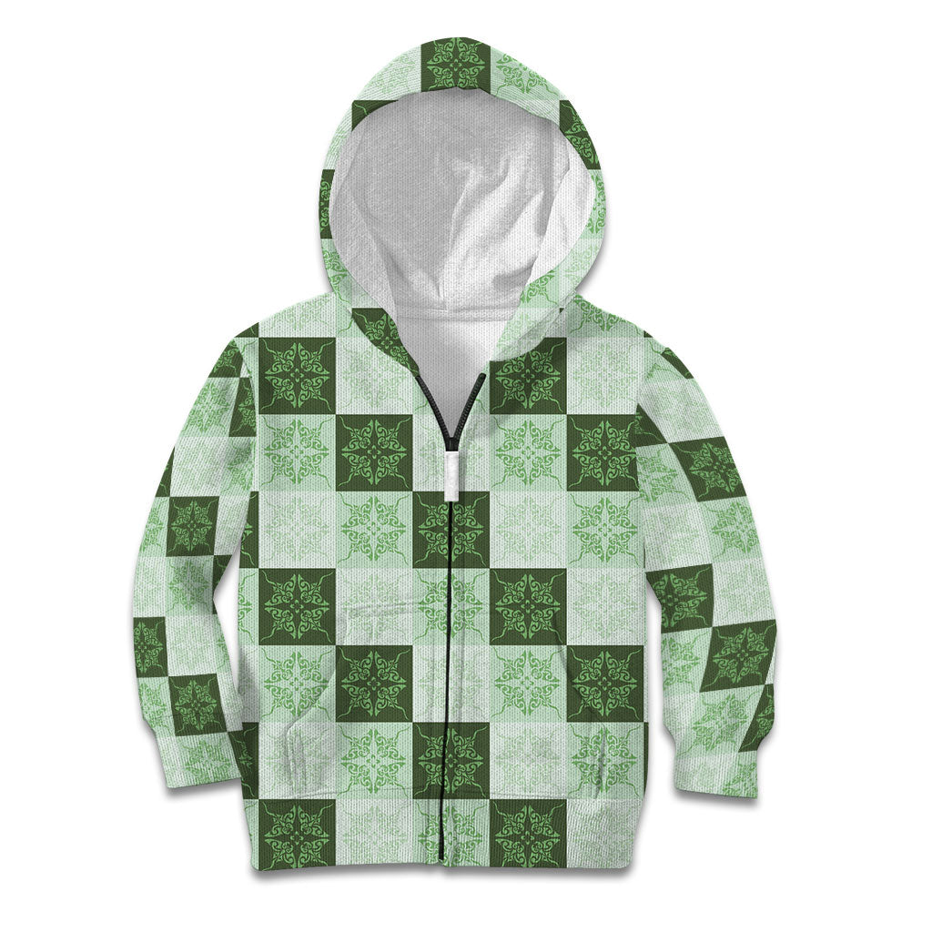 Sage Green Manta Ray Hawaiian Quilt Motif Kid Hoodie LT05 Zip Hoodie Green - Polynesian Pride