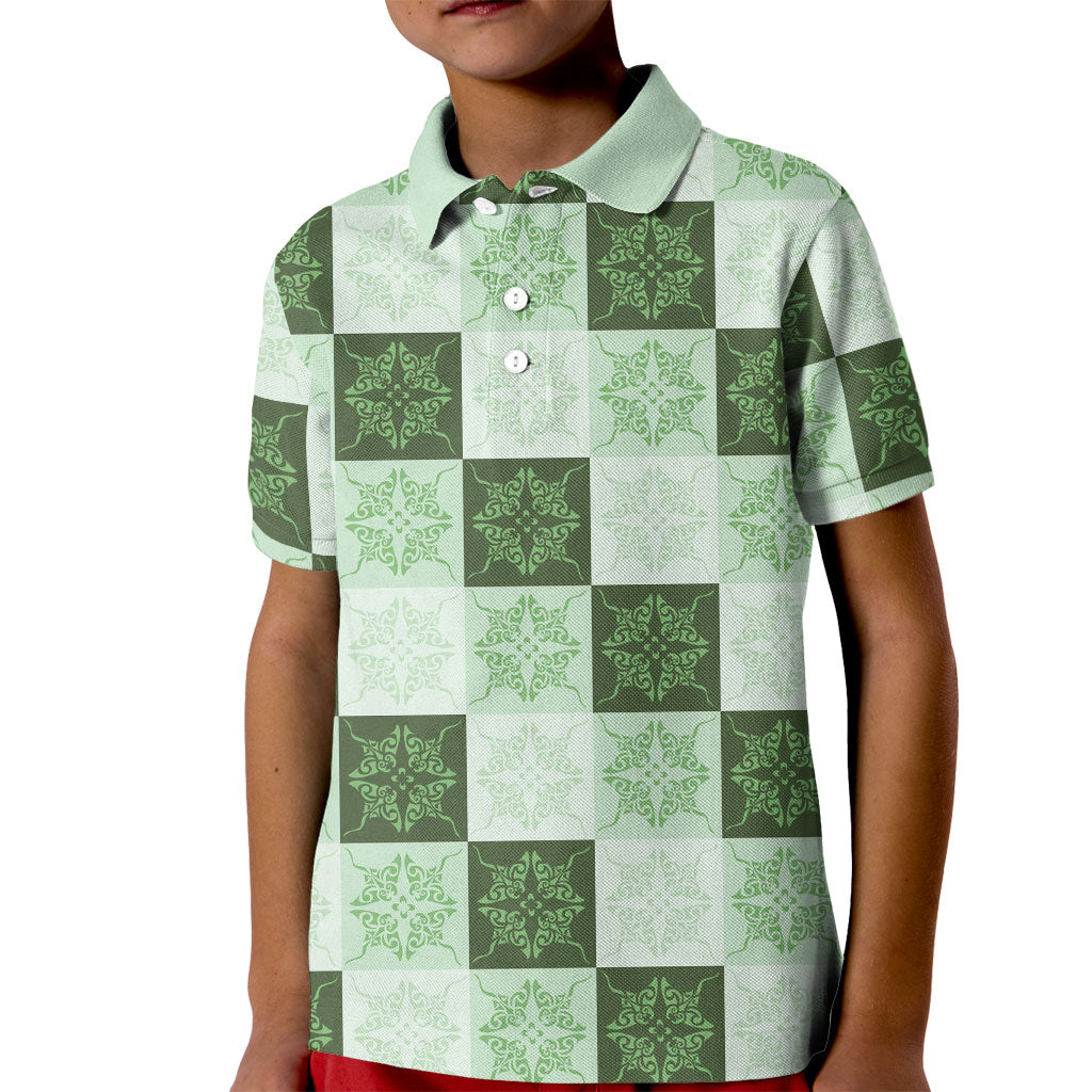 Sage Green Manta Ray Hawaiian Quilt Motif Kid Polo Shirt LT05 Kid Green - Polynesian Pride