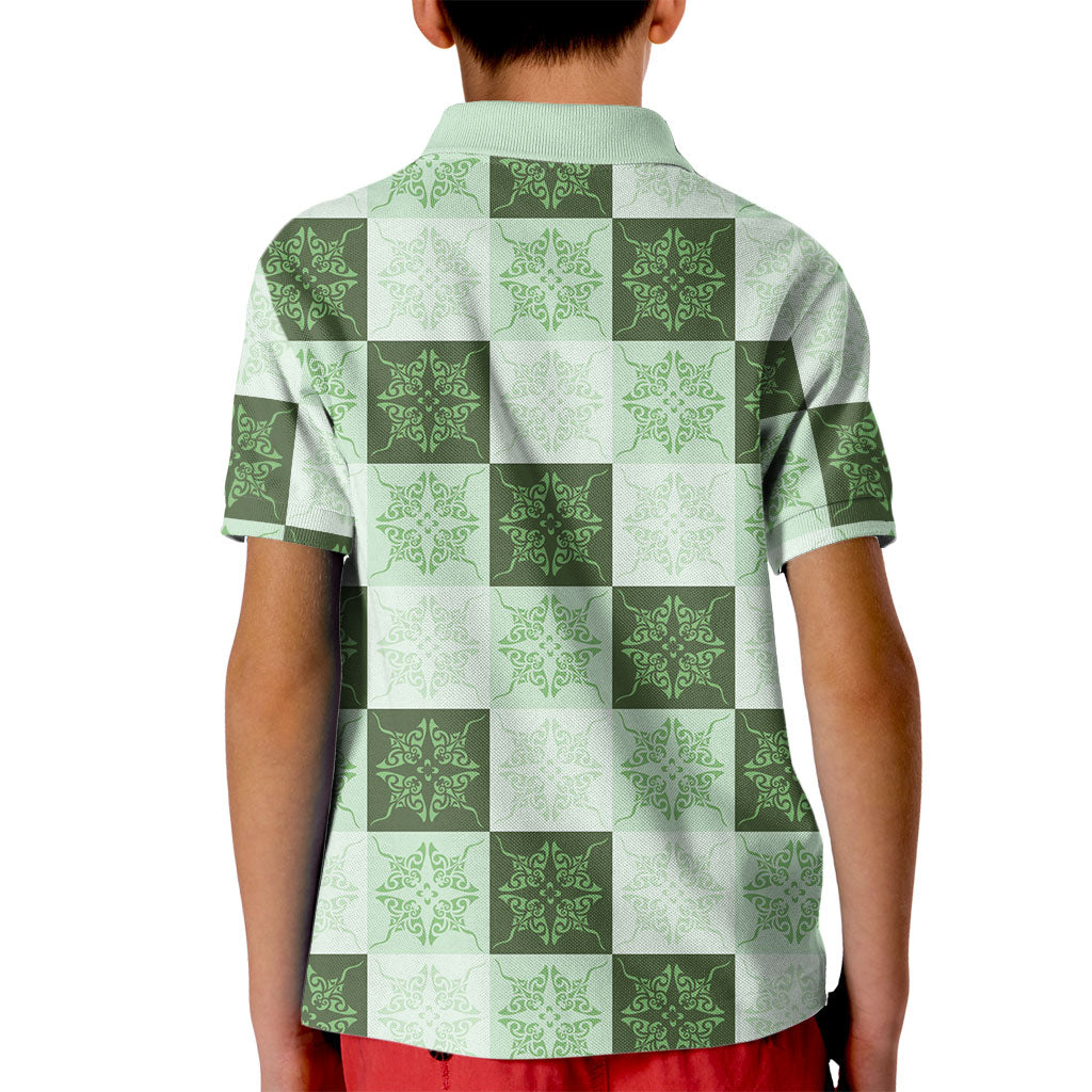 Sage Green Manta Ray Hawaiian Quilt Motif Kid Polo Shirt LT05 - Polynesian Pride