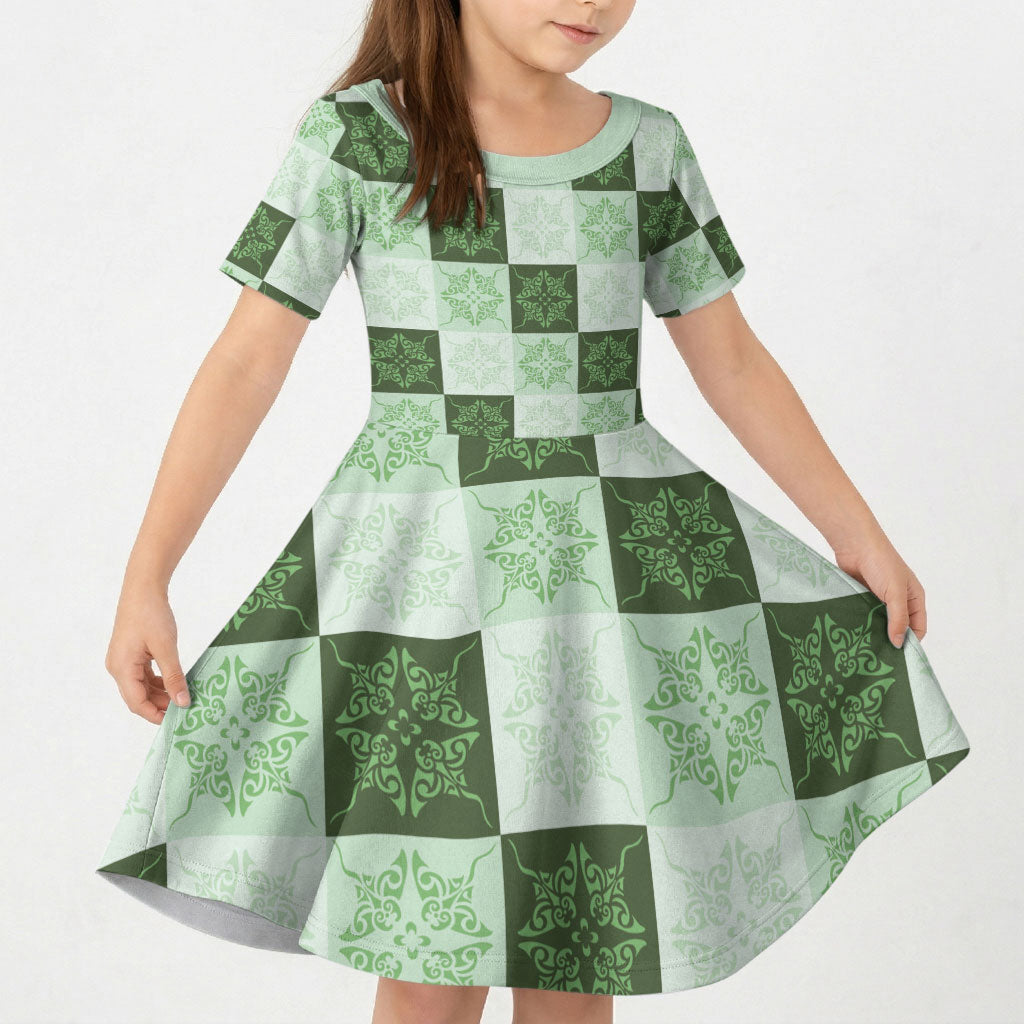 Sage Green Manta Ray Hawaiian Quilt Motif Kid Short Sleeve Dress LT05 KID Green - Polynesian Pride