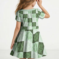 Sage Green Manta Ray Hawaiian Quilt Motif Kid Short Sleeve Dress LT05 - Polynesian Pride