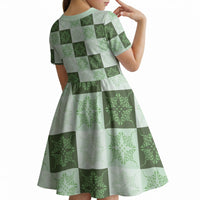 Sage Green Manta Ray Hawaiian Quilt Motif Kid Short Sleeve Dress LT05 - Polynesian Pride