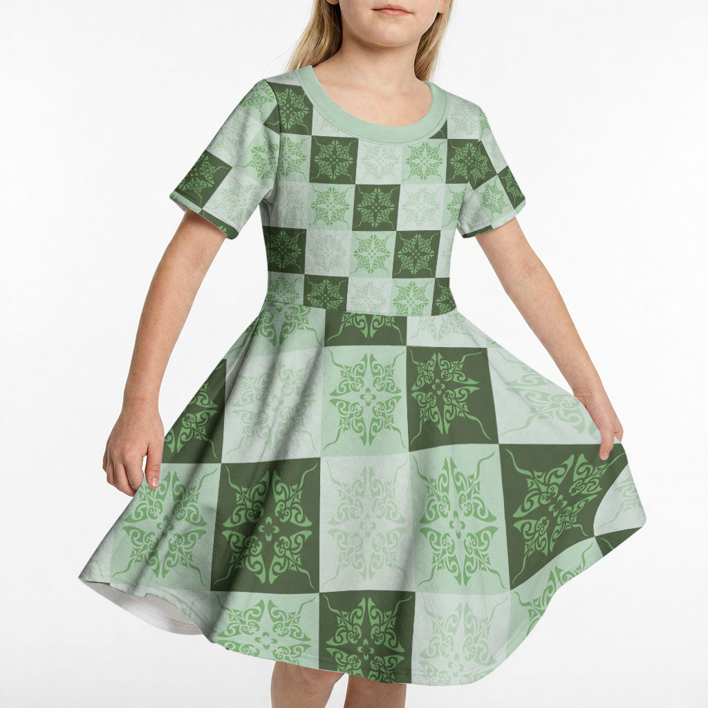 Sage Green Manta Ray Hawaiian Quilt Motif Kid Short Sleeve Dress LT05 - Polynesian Pride