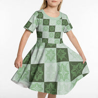 Sage Green Manta Ray Hawaiian Quilt Motif Kid Short Sleeve Dress LT05 - Polynesian Pride