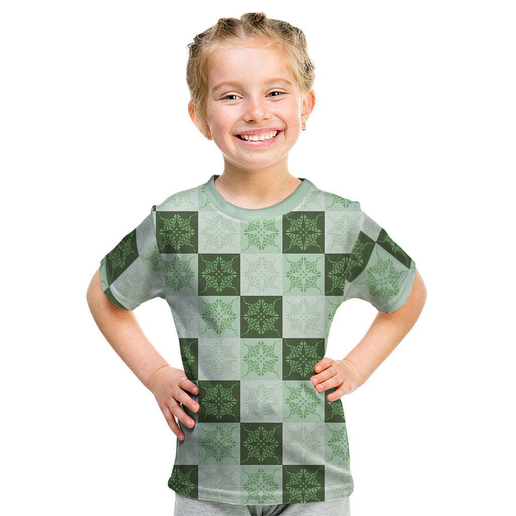 Sage Green Manta Ray Hawaiian Quilt Motif Kid T Shirt LT05 Green - Polynesian Pride