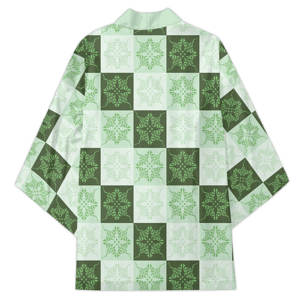 Sage Green Manta Ray Hawaiian Quilt Motif Kimono LT05 - Polynesian Pride