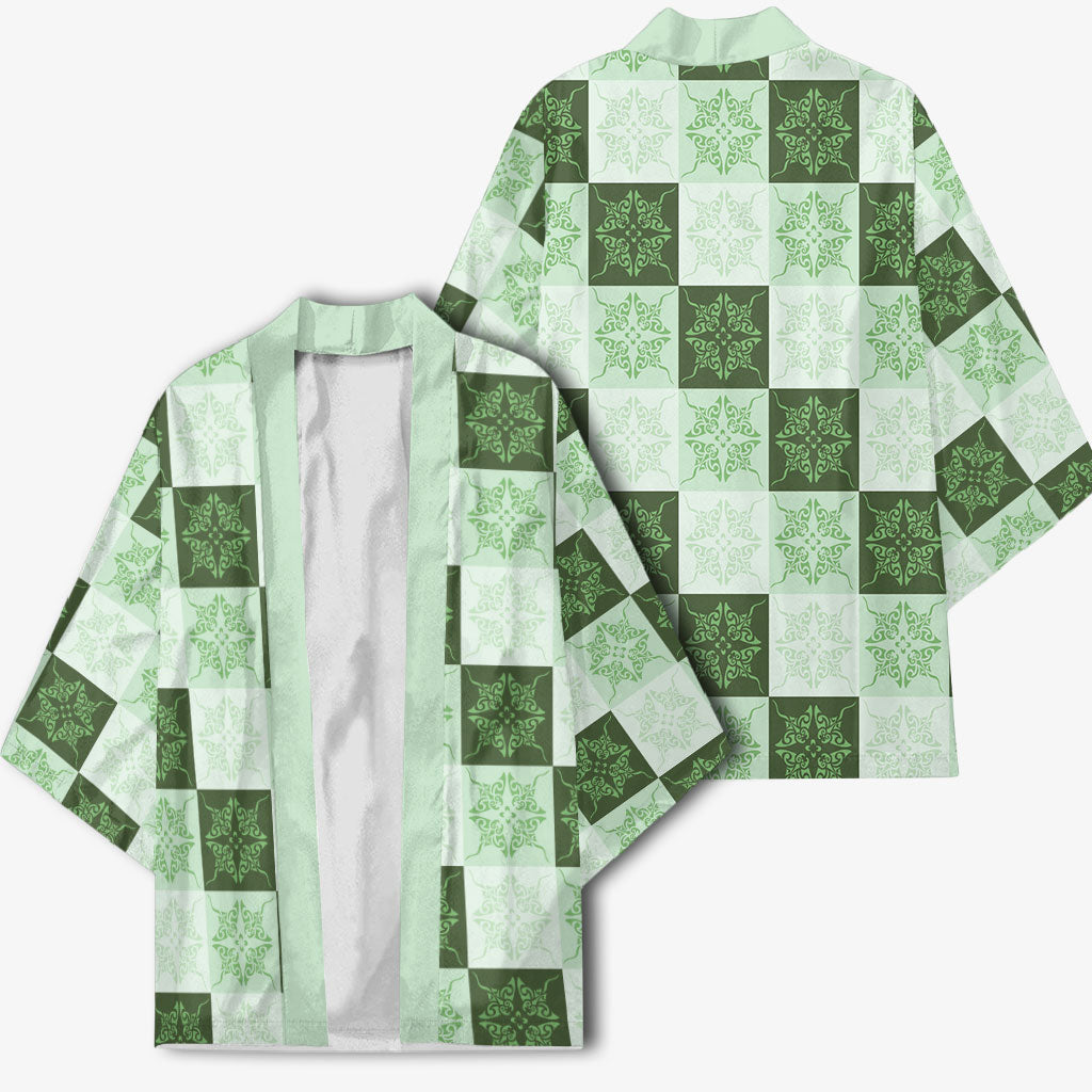 Sage Green Manta Ray Hawaiian Quilt Motif Kimono LT05 - Polynesian Pride