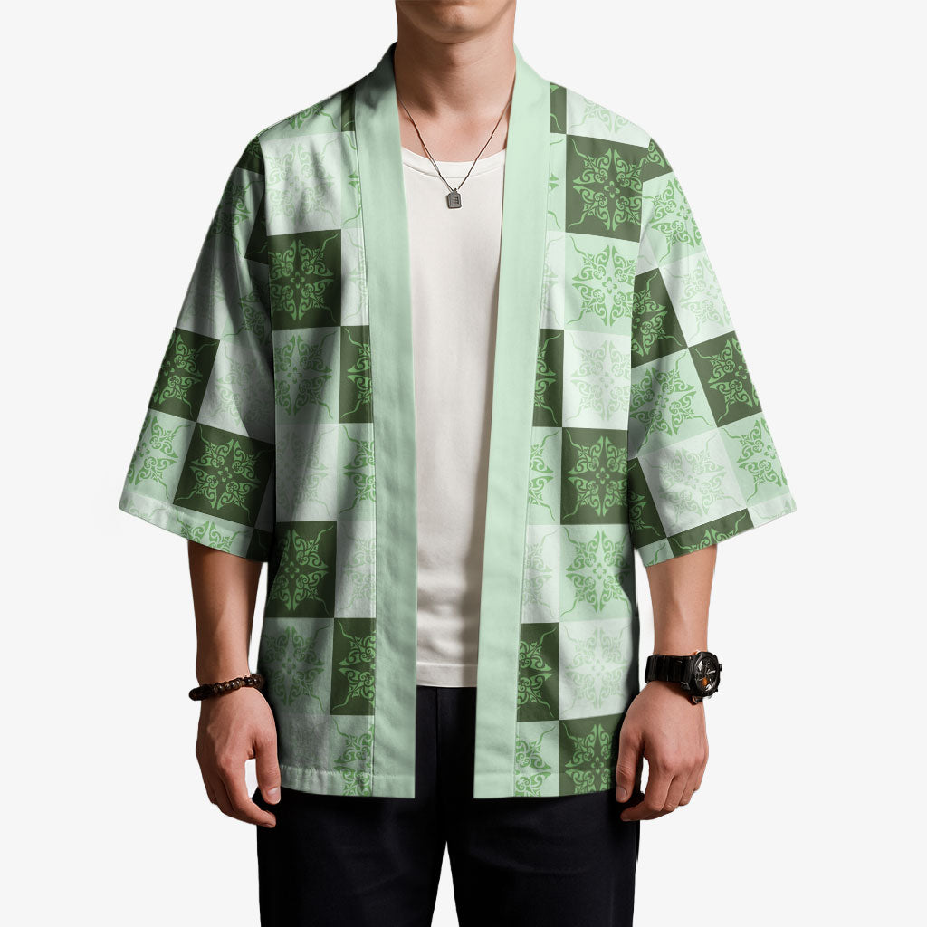 Sage Green Manta Ray Hawaiian Quilt Motif Kimono LT05 - Polynesian Pride