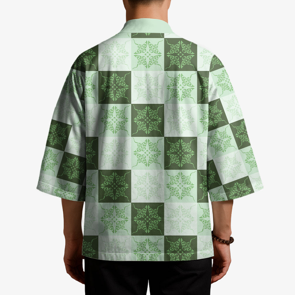 Sage Green Manta Ray Hawaiian Quilt Motif Kimono LT05 - Polynesian Pride