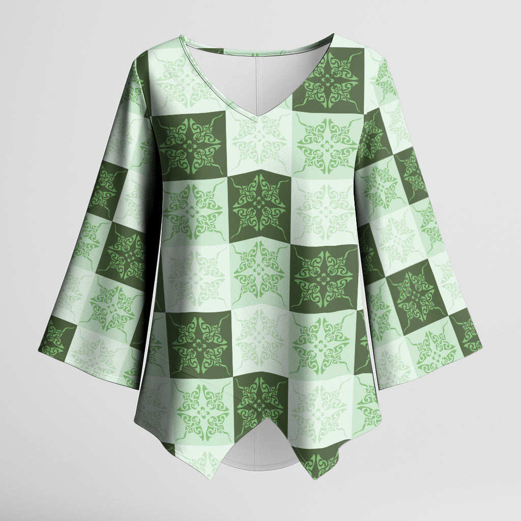Sage Green Manta Ray Hawaiian Quilt Motif Kimono Sleeve Blouse LT05 Female Green - Polynesian Pride