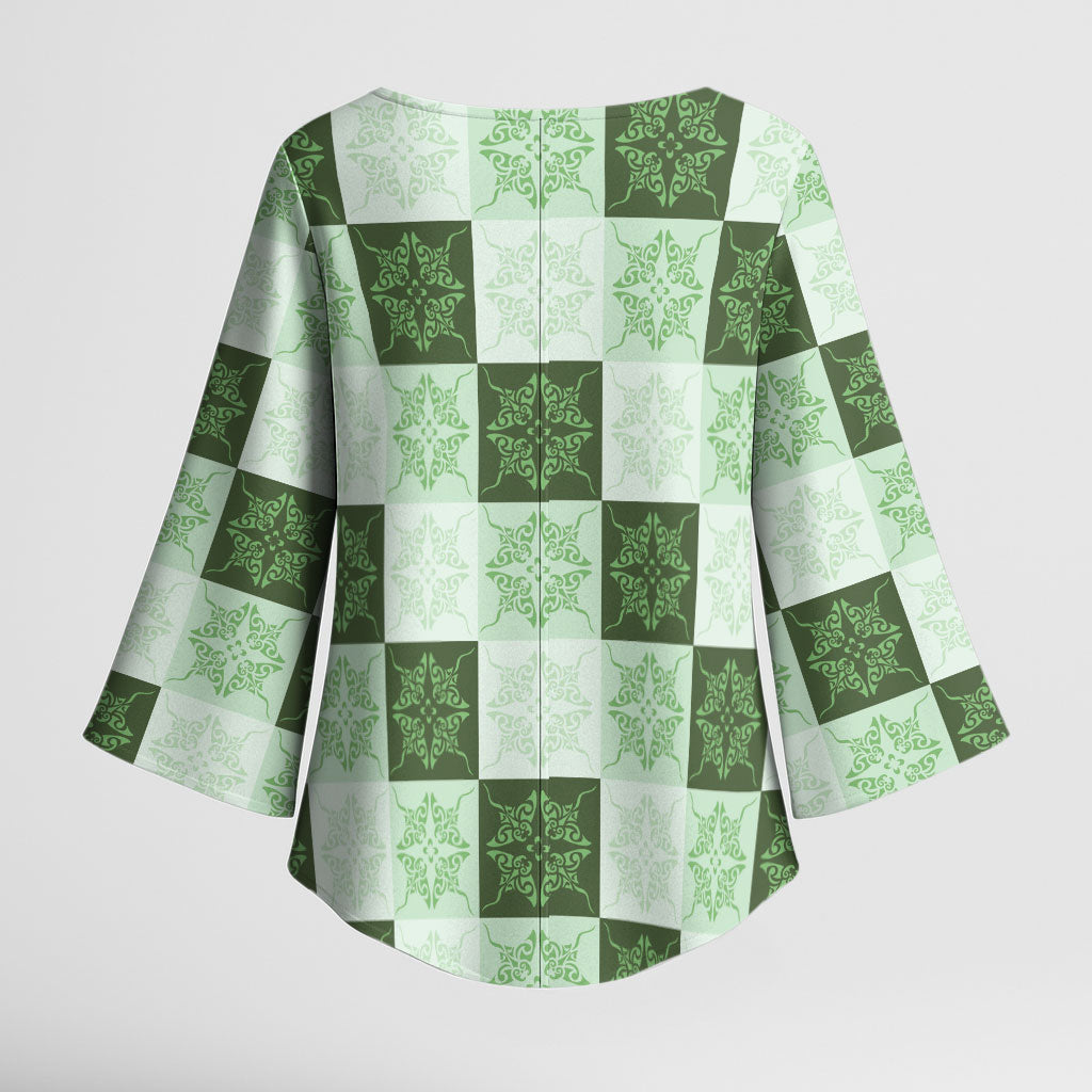 Sage Green Manta Ray Hawaiian Quilt Motif Kimono Sleeve Blouse LT05 - Polynesian Pride