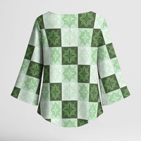Sage Green Manta Ray Hawaiian Quilt Motif Kimono Sleeve Blouse LT05 - Polynesian Pride
