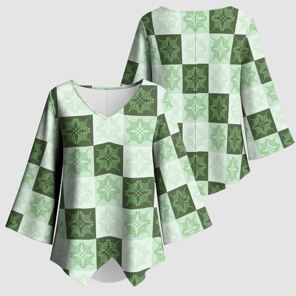 Sage Green Manta Ray Hawaiian Quilt Motif Kimono Sleeve Blouse LT05 - Polynesian Pride
