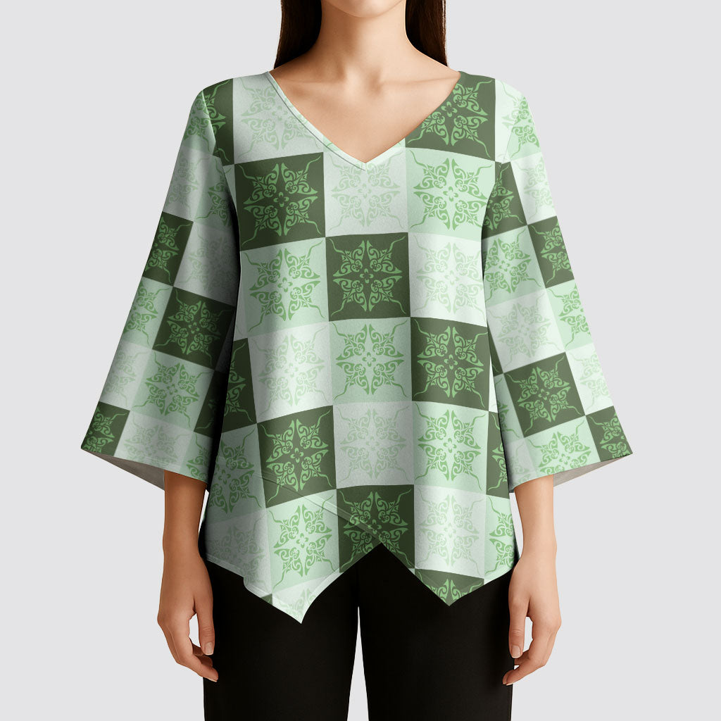 Sage Green Manta Ray Hawaiian Quilt Motif Kimono Sleeve Blouse LT05 - Polynesian Pride