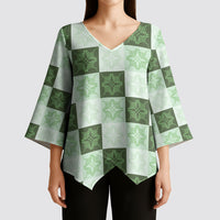 Sage Green Manta Ray Hawaiian Quilt Motif Kimono Sleeve Blouse LT05 - Polynesian Pride