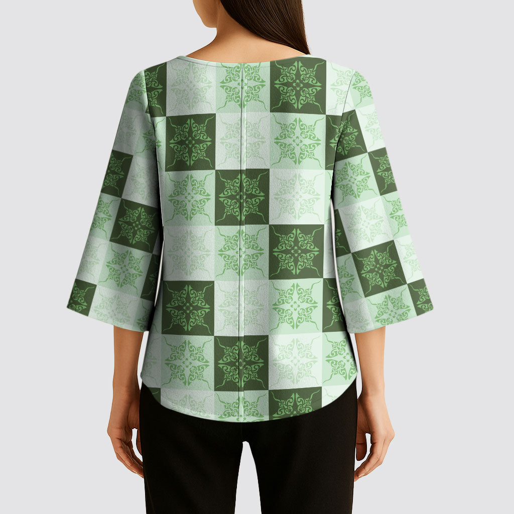 Sage Green Manta Ray Hawaiian Quilt Motif Kimono Sleeve Blouse LT05 - Polynesian Pride