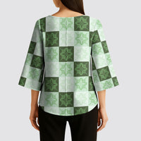 Sage Green Manta Ray Hawaiian Quilt Motif Kimono Sleeve Blouse LT05 - Polynesian Pride