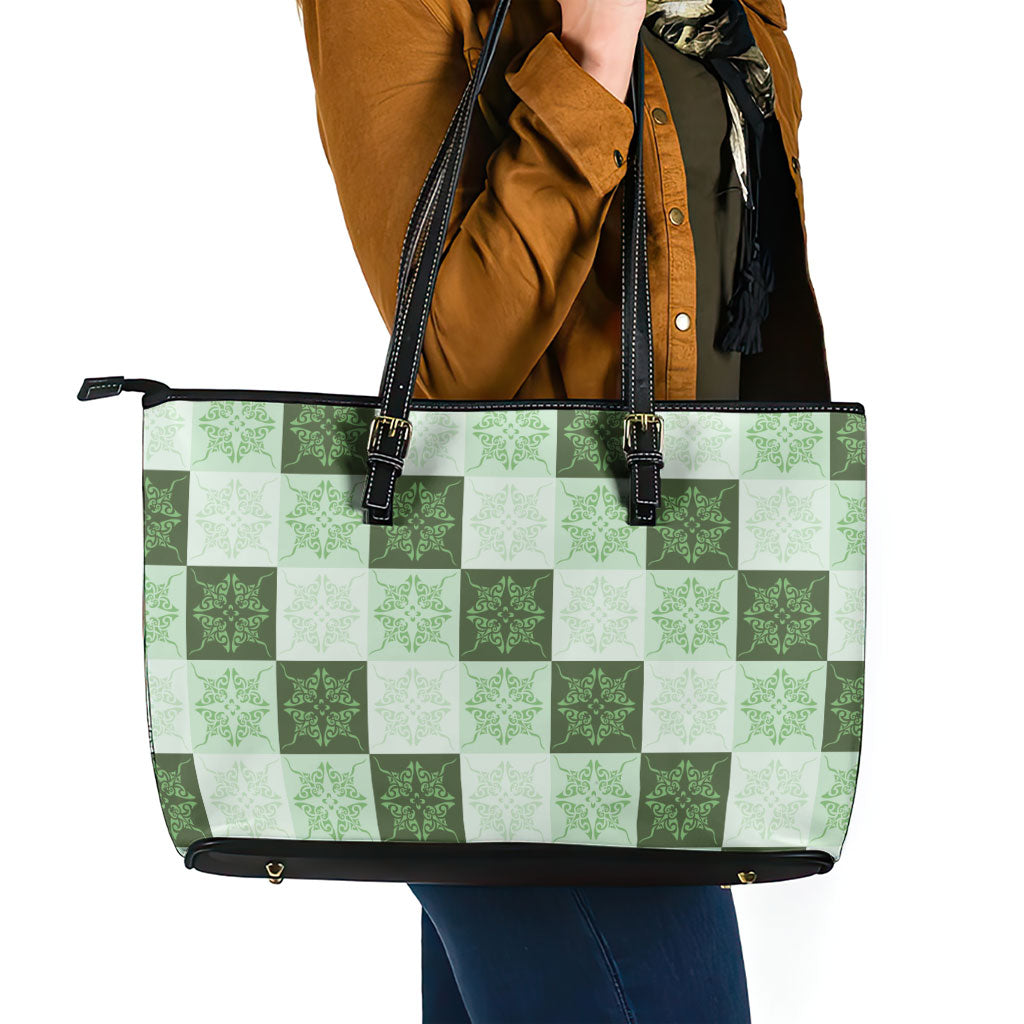 Sage Green Manta Ray Hawaiian Quilt Motif Leather Tote Bag LT05 - Polynesian Pride