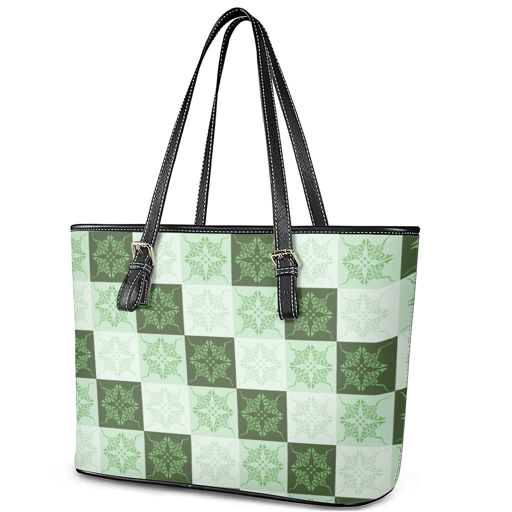 Sage Green Manta Ray Hawaiian Quilt Motif Leather Tote Bag LT05 - Polynesian Pride