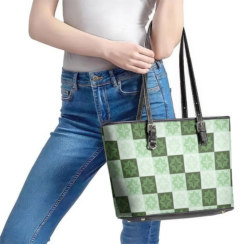 Sage Green Manta Ray Hawaiian Quilt Motif Leather Tote Bag LT05 - Polynesian Pride