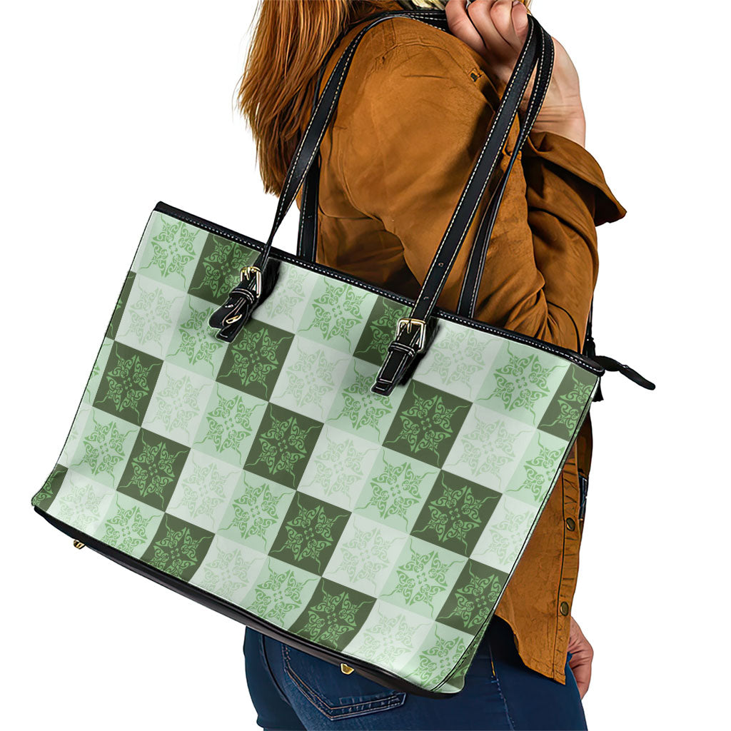 Sage Green Manta Ray Hawaiian Quilt Motif Leather Tote Bag LT05 - Polynesian Pride