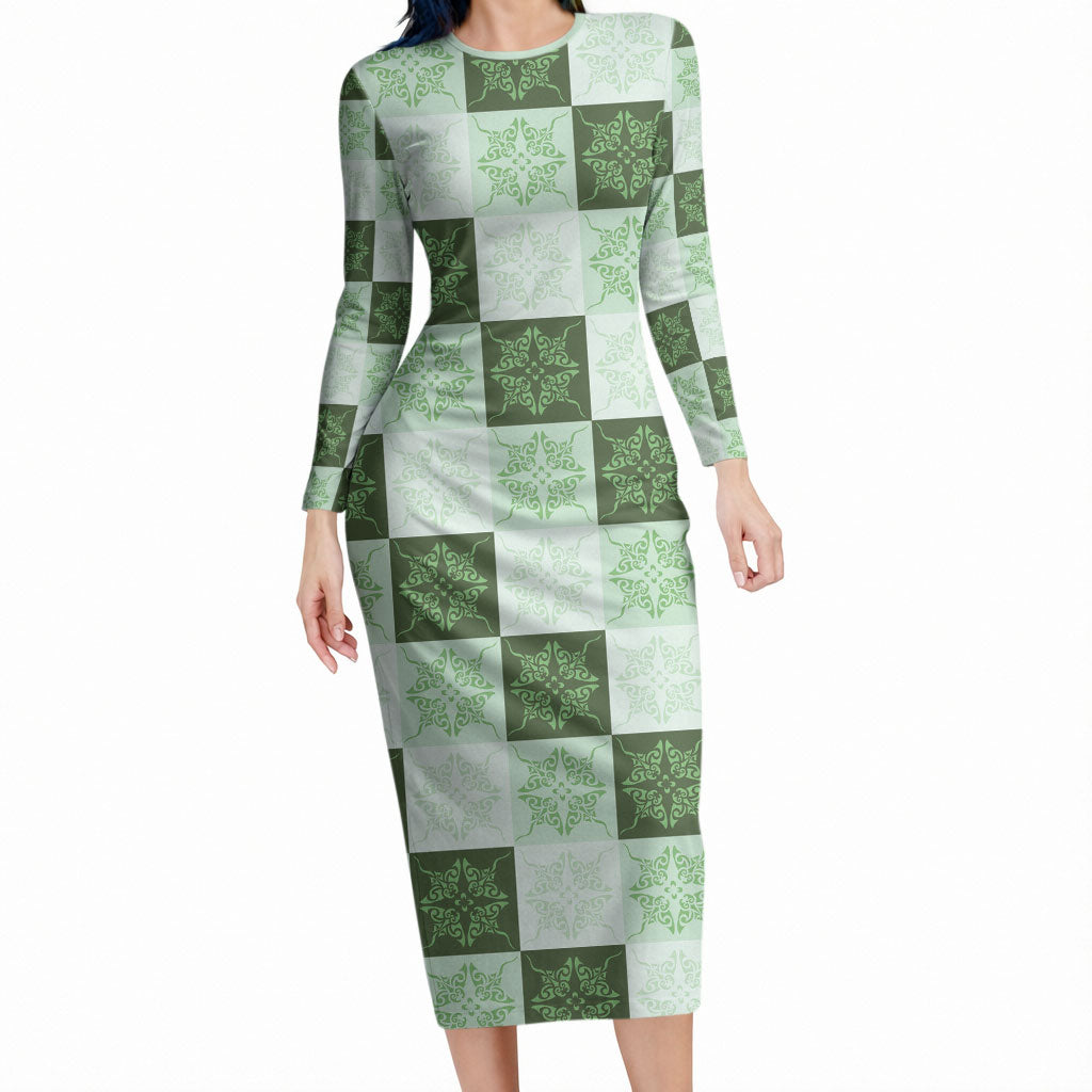 Sage Green Manta Ray Hawaiian Quilt Motif Long Sleeve Bodycon Dress LT05 Long Dress Green - Polynesian Pride