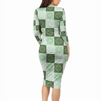 Sage Green Manta Ray Hawaiian Quilt Motif Long Sleeve Bodycon Dress LT05 - Polynesian Pride