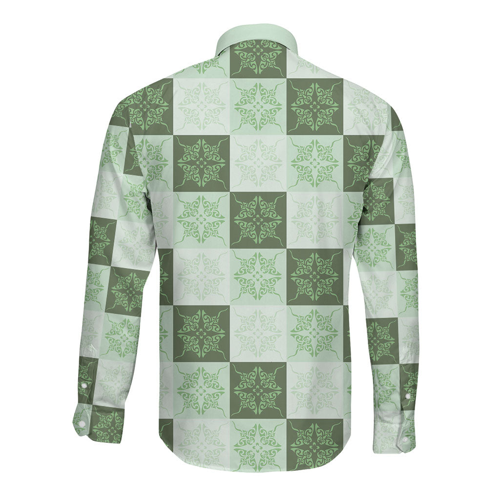Sage Green Manta Ray Hawaiian Quilt Motif Long Sleeve Button Shirt LT05 - Polynesian Pride