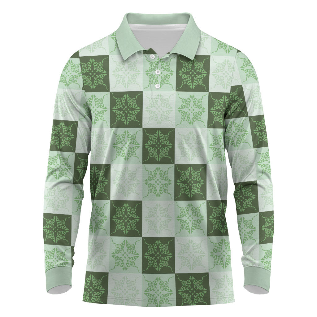 Sage Green Manta Ray Hawaiian Quilt Motif Long Sleeve Polo Shirt LT05 Green - Polynesian Pride