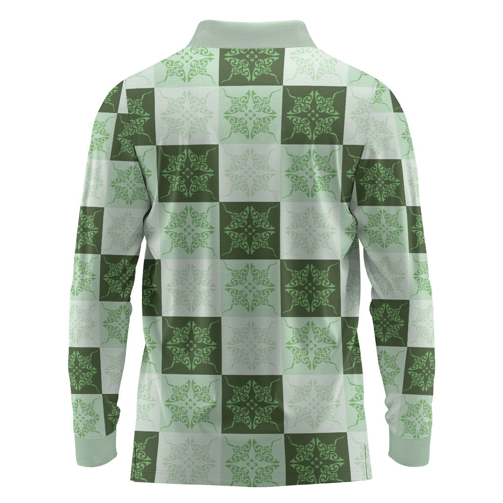 Sage Green Manta Ray Hawaiian Quilt Motif Long Sleeve Polo Shirt LT05 - Polynesian Pride