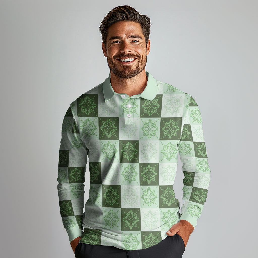 Sage Green Manta Ray Hawaiian Quilt Motif Long Sleeve Polo Shirt LT05 - Polynesian Pride