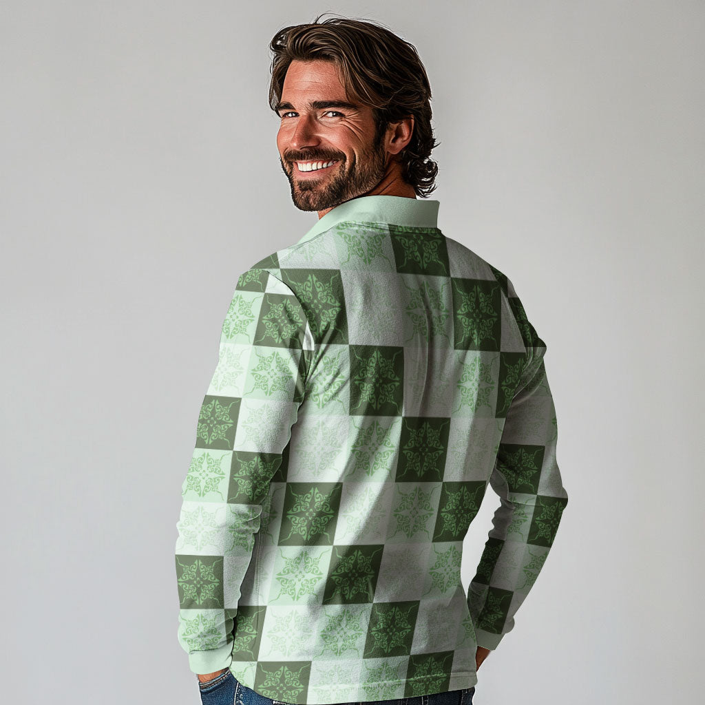Sage Green Manta Ray Hawaiian Quilt Motif Long Sleeve Polo Shirt LT05 - Polynesian Pride