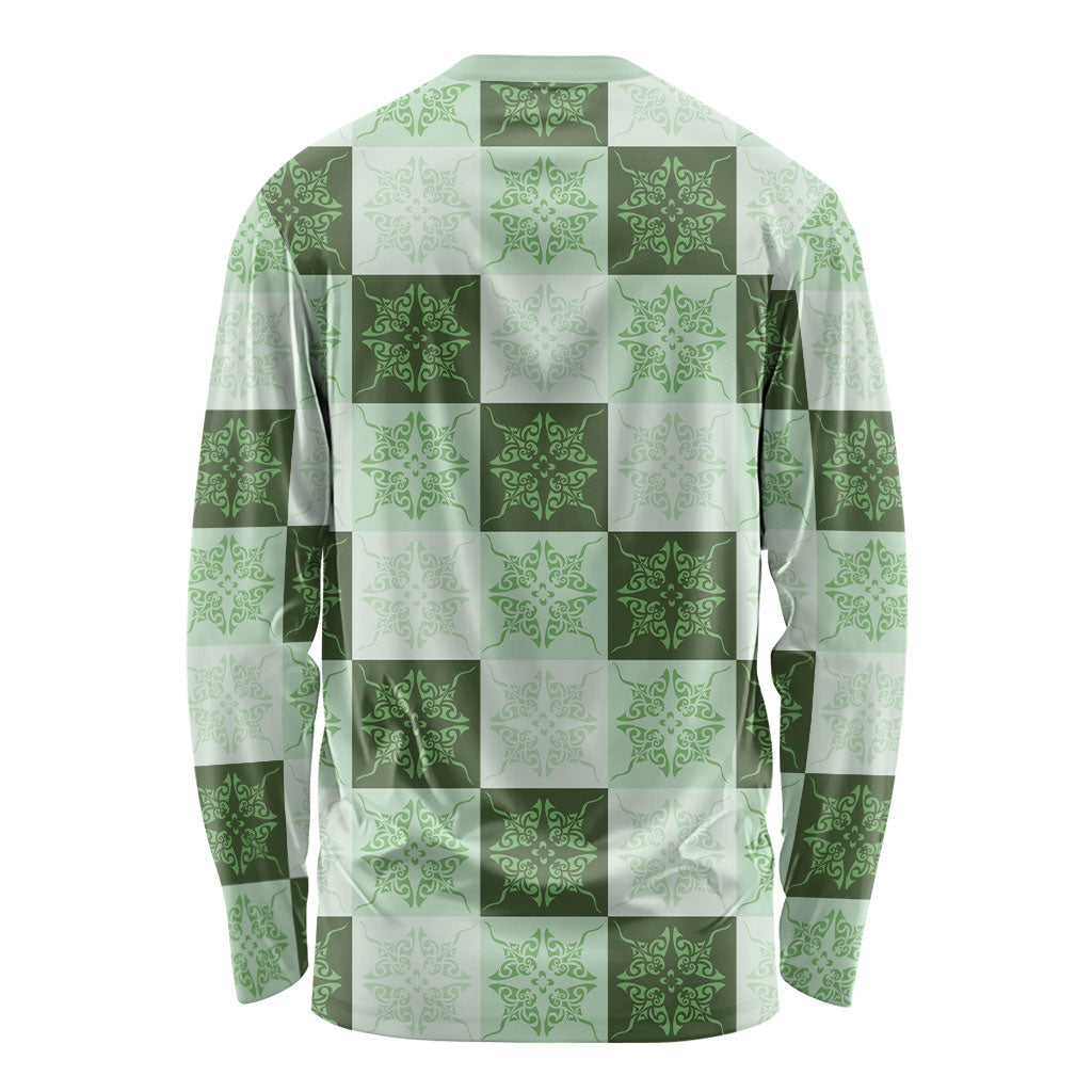 Sage Green Manta Ray Hawaiian Quilt Motif Long Sleeve Shirt LT05 - Polynesian Pride