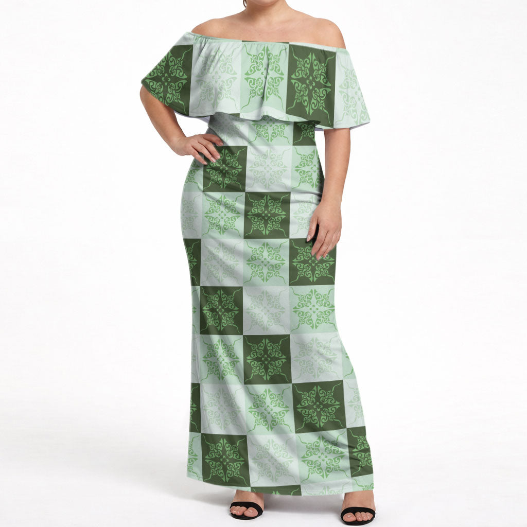 Sage Green Manta Ray Hawaiian Quilt Motif Off Shoulder Maxi Dress LT05 Women Green - Polynesian Pride