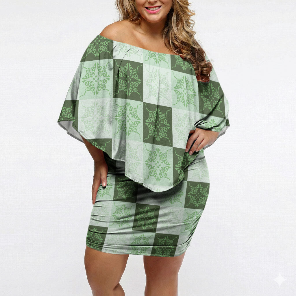 Sage Green Manta Ray Hawaiian Quilt Motif Off Shoulder Short Dress LT05 Women Green - Polynesian Pride