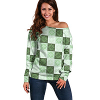 Sage Green Manta Ray Hawaiian Quilt Motif Off Shoulder Sweater LT05 Women Green - Polynesian Pride
