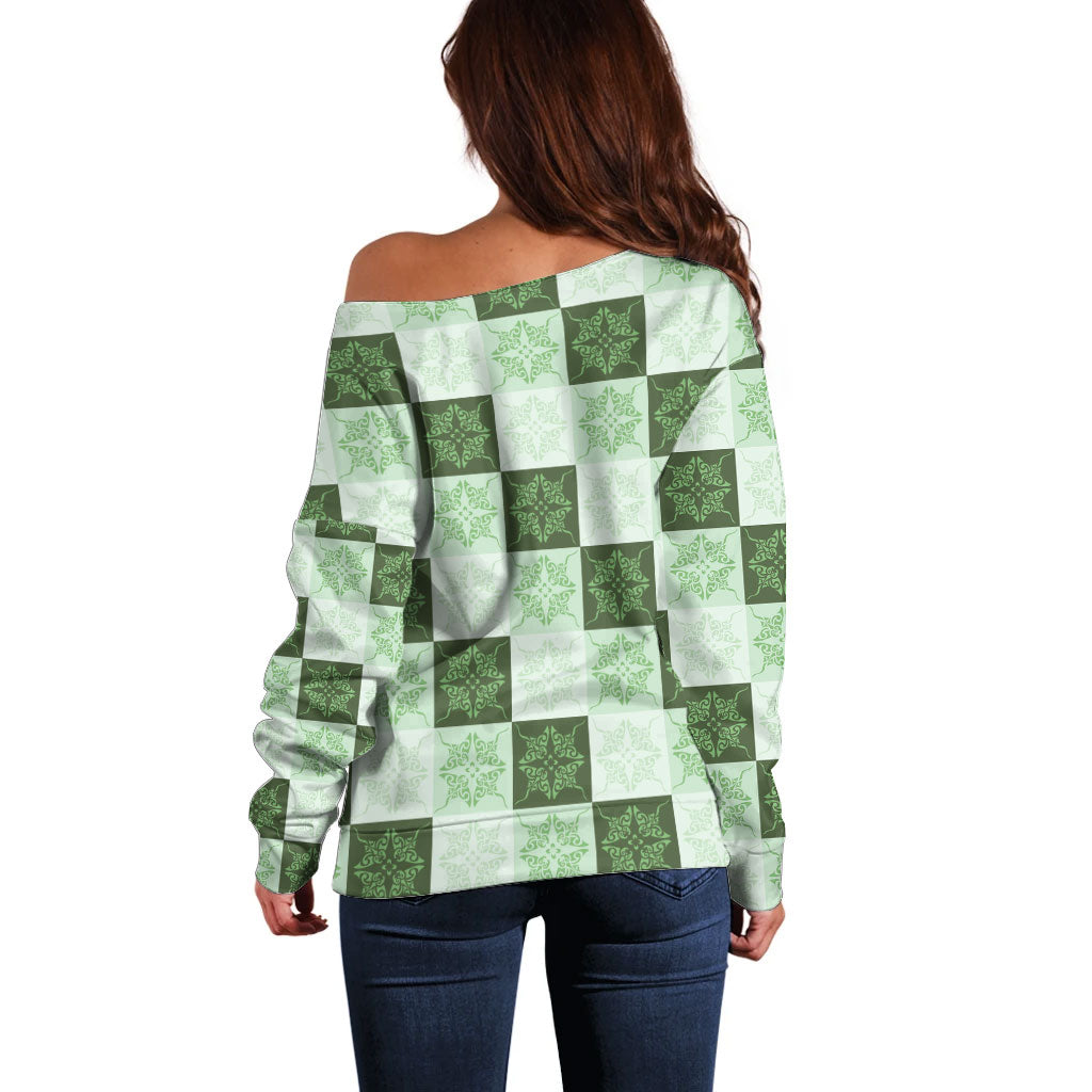 Sage Green Manta Ray Hawaiian Quilt Motif Off Shoulder Sweater LT05 - Polynesian Pride