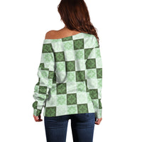 Sage Green Manta Ray Hawaiian Quilt Motif Off Shoulder Sweater LT05 - Polynesian Pride