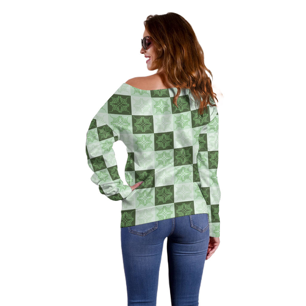 Sage Green Manta Ray Hawaiian Quilt Motif Off Shoulder Sweater LT05 - Polynesian Pride