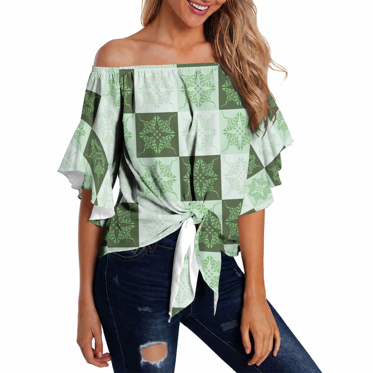 Sage Green Manta Ray Hawaiian Quilt Motif Off Shoulder Wrap Waist Top LT05 - Polynesian Pride