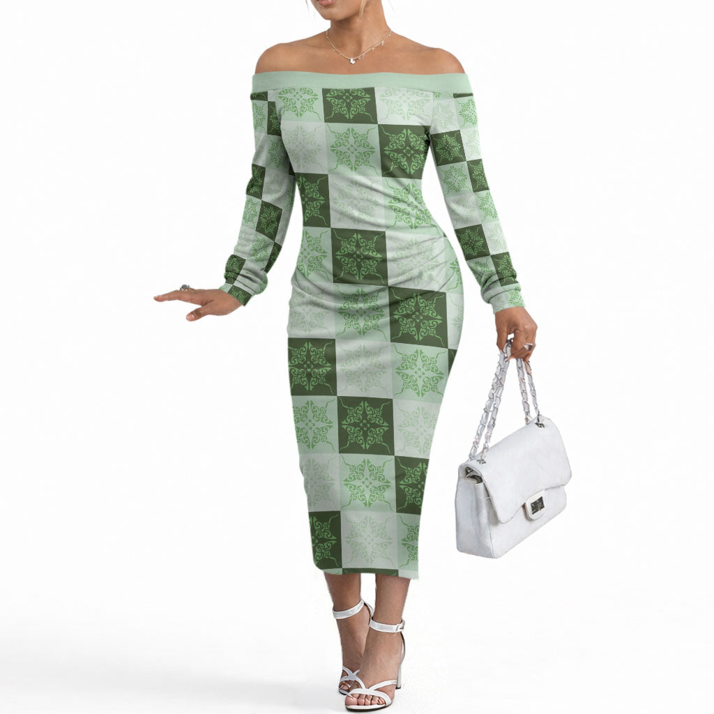 Sage Green Manta Ray Hawaiian Quilt Motif Off The Shoulder Long Sleeve Dress LT05 Women Green - Polynesian Pride