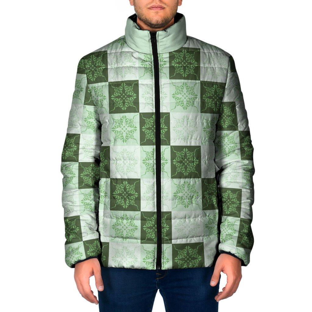 Sage Green Manta Ray Hawaiian Quilt Motif Padded Jacket LT05 Men Green - Polynesian Pride
