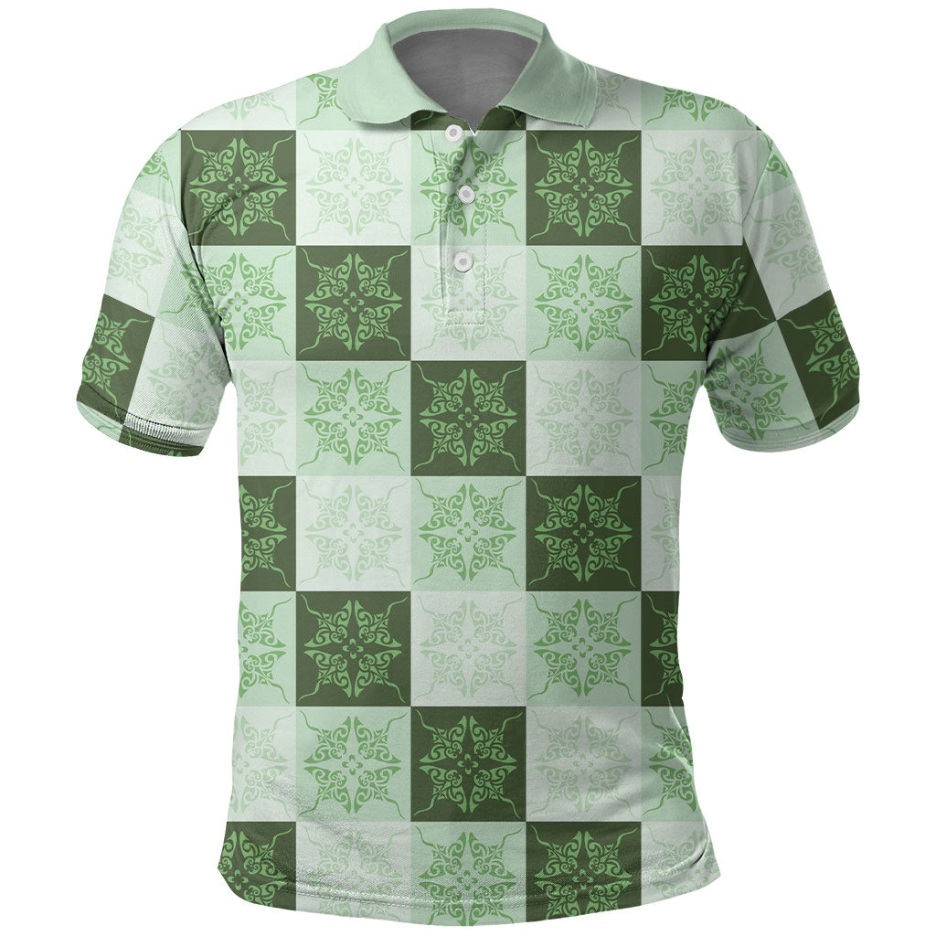 Sage Green Manta Ray Hawaiian Quilt Motif Polo Shirt LT05 Green - Polynesian Pride