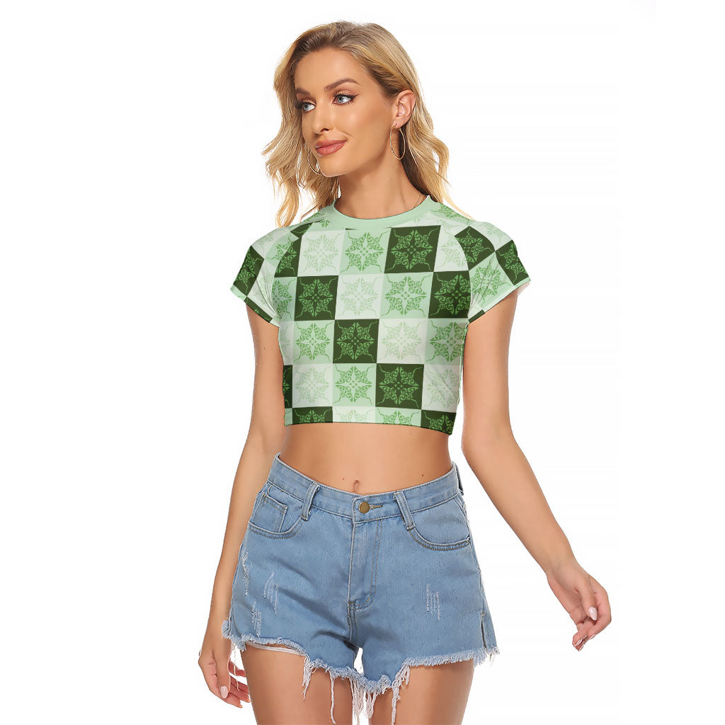 Sage Green Manta Ray Hawaiian Quilt Motif Raglan Cropped T Shirt LT05 Female Green - Polynesian Pride