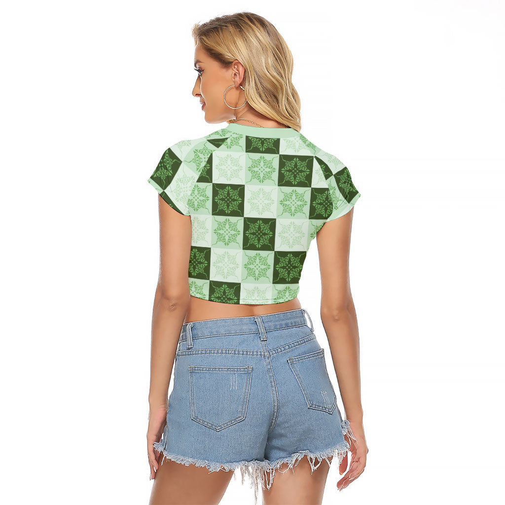 Sage Green Manta Ray Hawaiian Quilt Motif Raglan Cropped T Shirt LT05 - Polynesian Pride